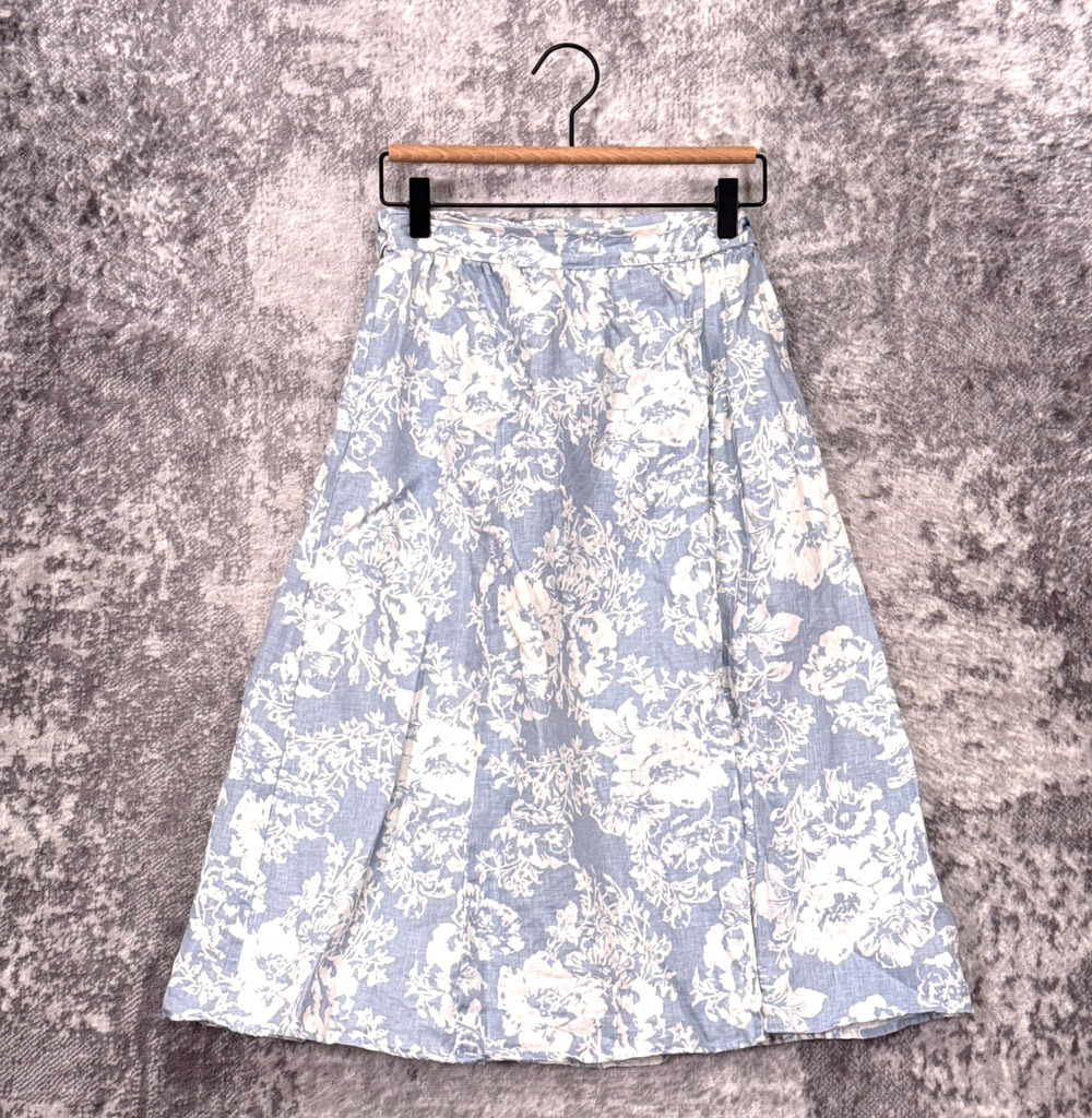Reformation Midi Skirt Small Womens Light Blue Linen Floral Wrap Tie